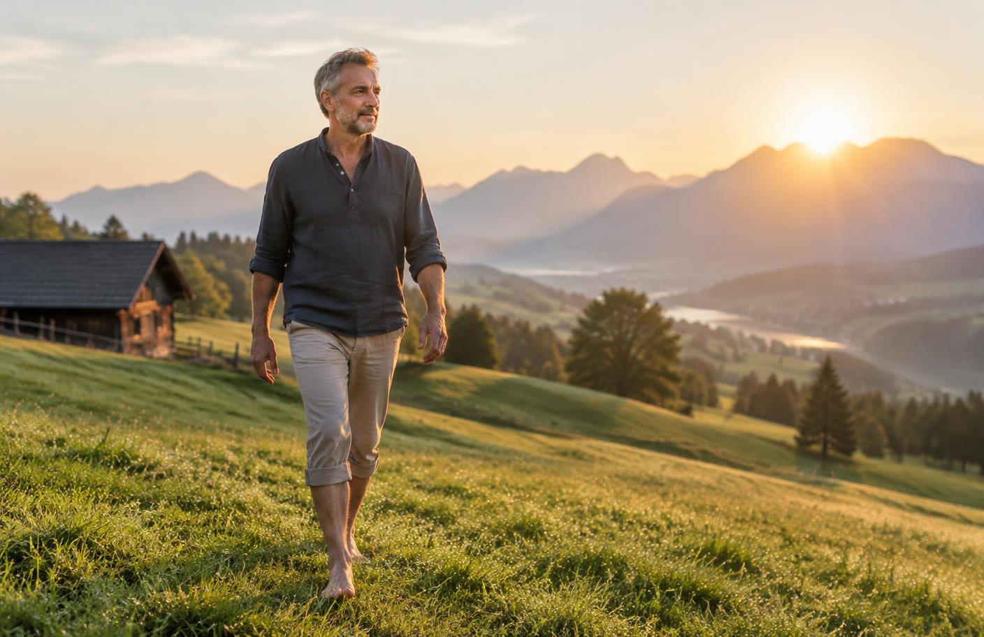 Mann geht barfuß im Morgenlicht über eine Wiese